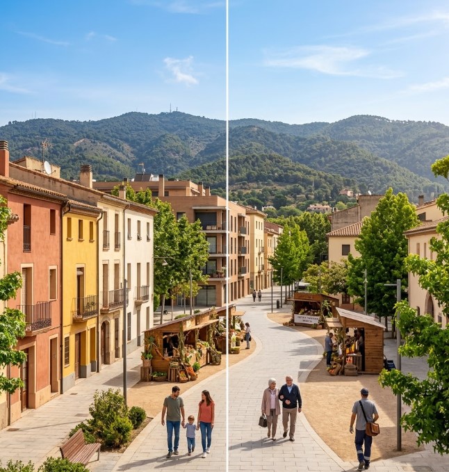 Vistas de las plazas, zonas arboladas y el entorno residencial e histórico a los pies de Collserola en Molins de Rei